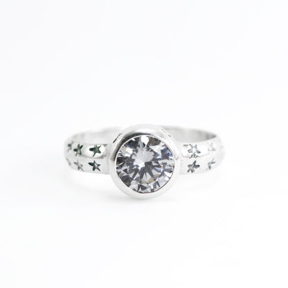 Bezel set ring 925 sterling silver with genuine white crystal zircon, solitaire zircon ring
