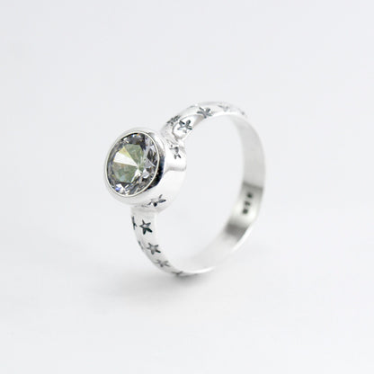Bezel set ring 925 sterling silver with genuine white crystal zircon, solitaire zircon ring