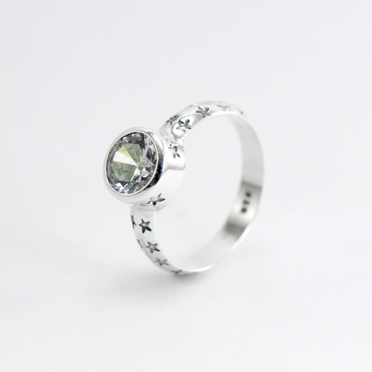 Bezel set ring 925 sterling silver with genuine white crystal zircon, solitaire zircon ring