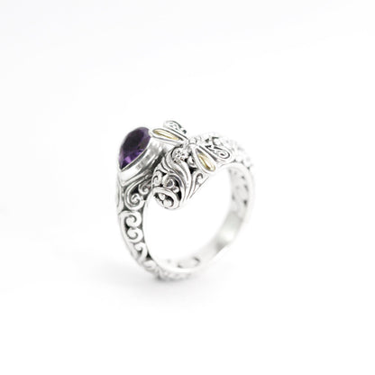 bypass ring 925 sterling silver decorated with dragonfly and genuine amethyst, filigree ring,