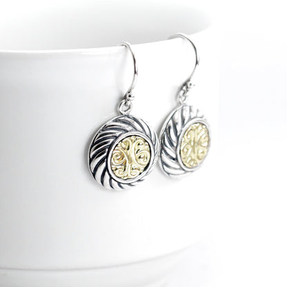 Cable rope earrings two tone 18K yellow gold on 925 sterling silver decorated with royal filigree art