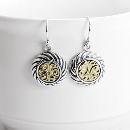 Cable rope earrings two tone 18K yellow gold on 925 sterling silver decorated with royal filigree art