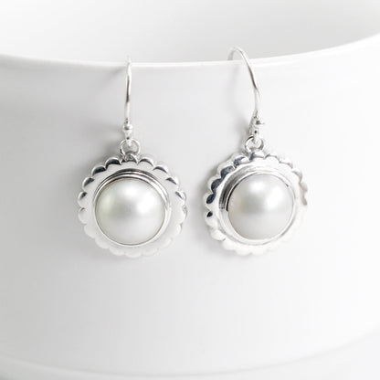 white mabe pearl dangle drop earrings set in handmade flower carving art 925 sterling silver