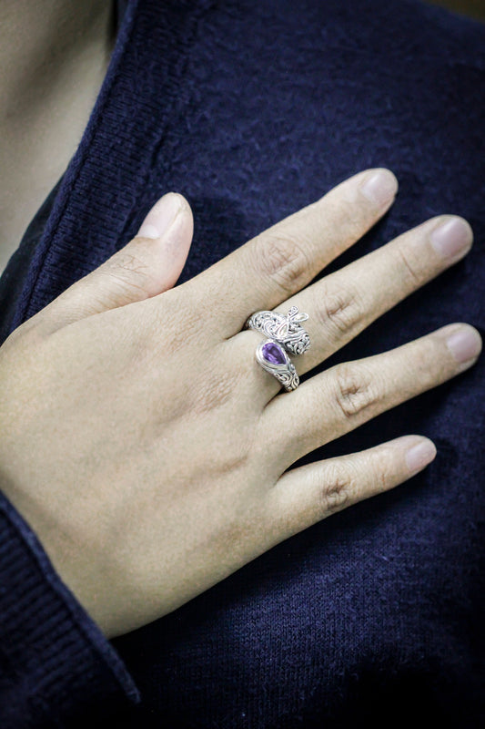 bypass ring 925 sterling silver decorated with dragonfly and genuine amethyst, filigree ring,