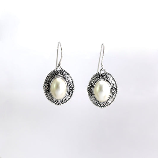 White Mabe Pearl Earrings dangle 925 sterling silver decorated with handmade filigree and antique finishing