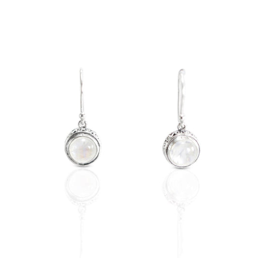 Moonstone earrings set in 925 sterling silver round dangle decorated with filigree edge