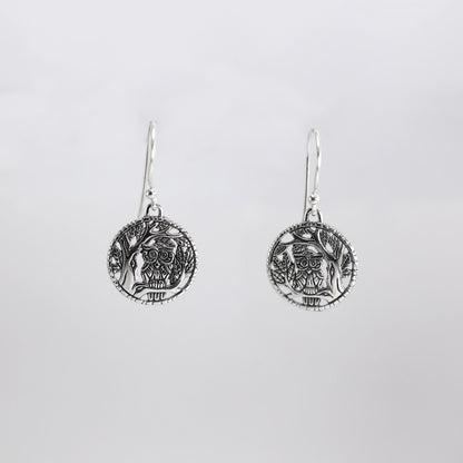 Owl bird earrings 925 sterling silver decorated with panorama carving