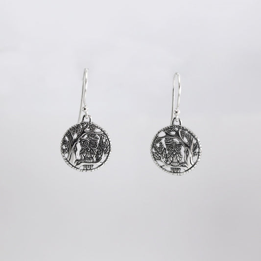 Owl bird earrings 925 sterling silver decorated with panorama carving