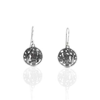 Owl bird earrings 925 sterling silver decorated with panorama carving