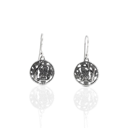 Owl bird earrings 925 sterling silver decorated with panorama carving