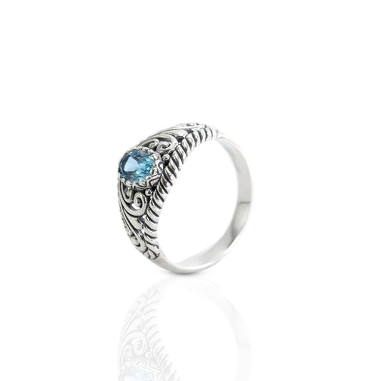 open work ring with genuine Oval blue topaz in 925 sterling silver, cable style ring