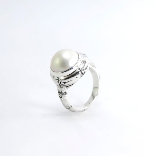 White mabe ring 925 sterling silver decorated with bamboo art carving