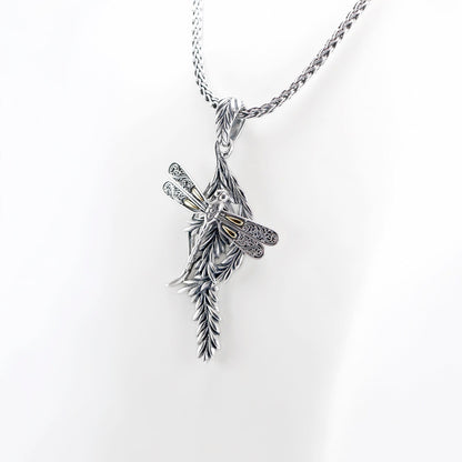 dragonfly pendant 925 sterling silver decorated with filigree and leaf pattern, nature art pendant