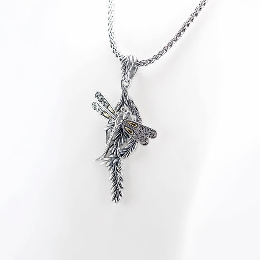 dragonfly pendant 925 sterling silver decorated with filigree and leaf pattern, nature art pendant