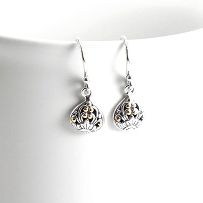 silver earrings dangle drop 925 sterling silver earrings decorated with handcrafted filigree and 18K Gold