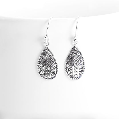 dangle drop filigree earrings in 925 sterling silver, Bali carving silver earrings dangle