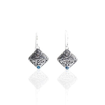 Leaf earrings 925 sterling silver decorated with filigree art and genuine blue topaz