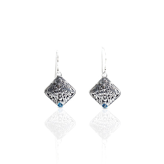 Leaf earrings 925 sterling silver decorated with filigree art and genuine blue topaz