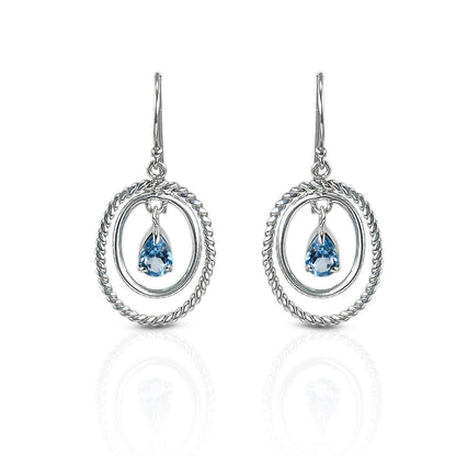 dangle drop earrings with blue topaz and cable rope oval shape 925 sterling silver