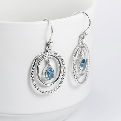 dangle drop earrings with blue topaz and cable rope oval shape 925 sterling silver