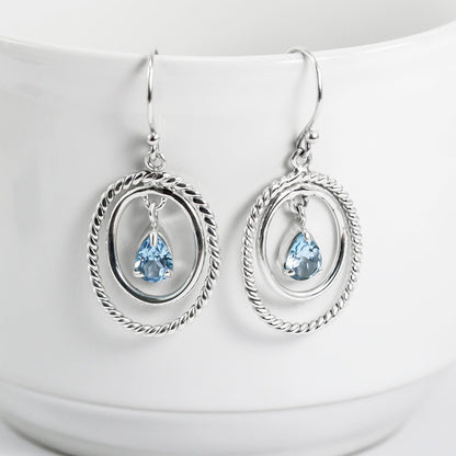 dangle drop earrings with blue topaz and cable rope oval shape 925 sterling silver