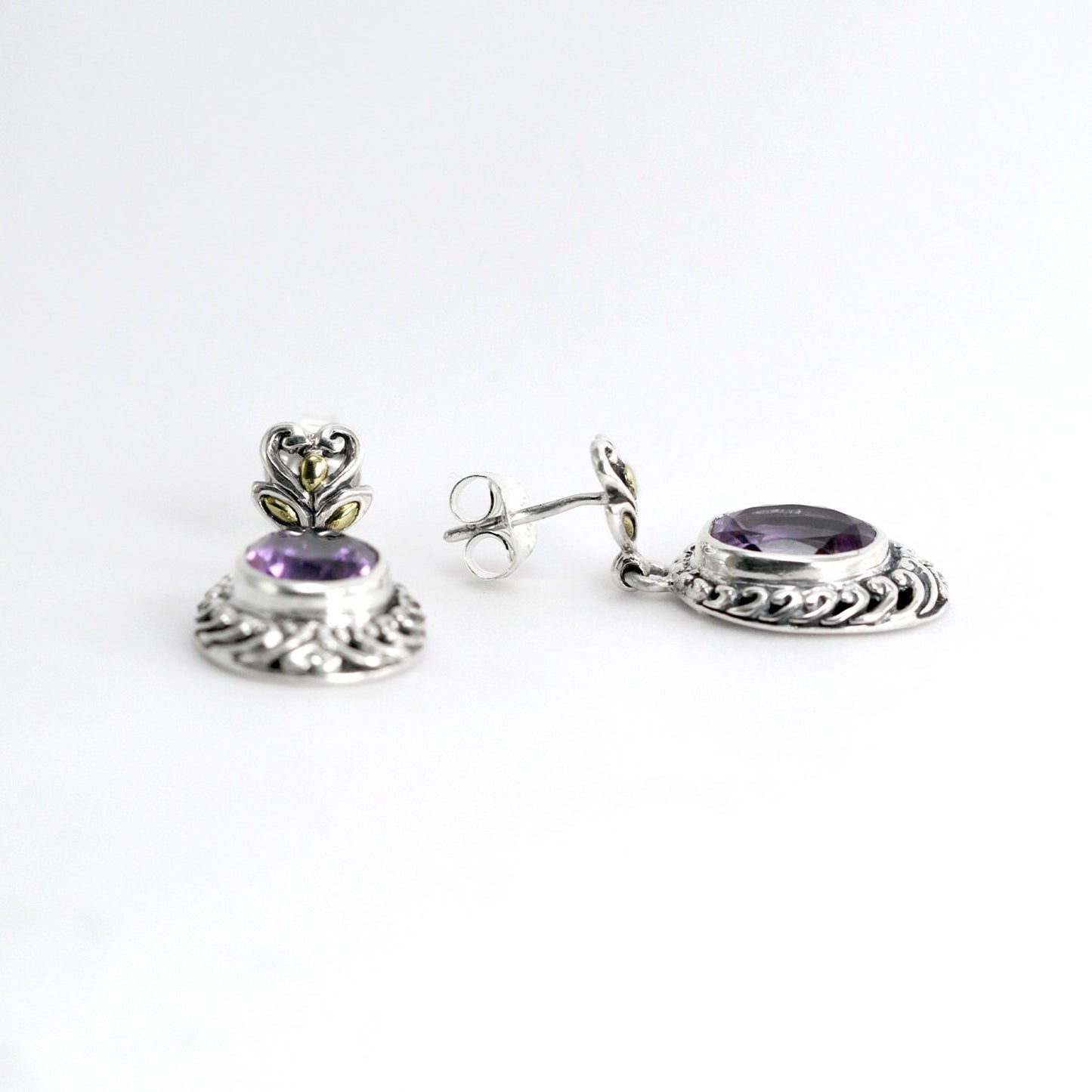amethyst stud earrings 925 sterling silver decorated with open work filigree and 18K yellow gold