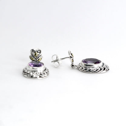 amethyst stud earrings 925 sterling silver decorated with open work filigree and 18K yellow gold