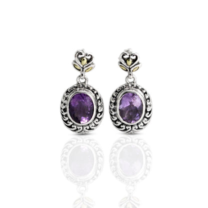 amethyst stud earrings 925 sterling silver decorated with open work filigree and 18K yellow gold