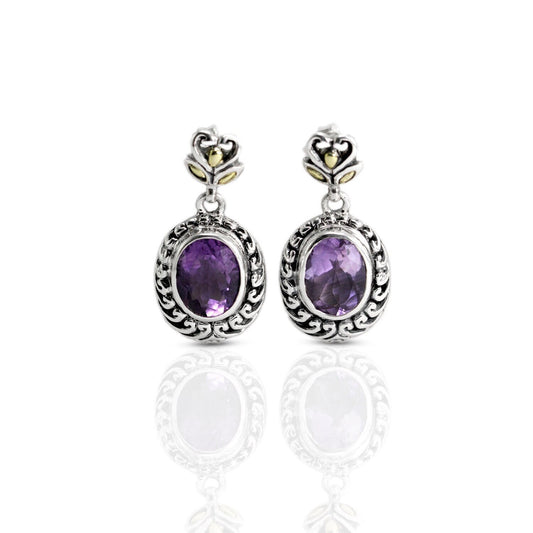 amethyst stud earrings 925 sterling silver decorated with open work filigree and 18K yellow gold