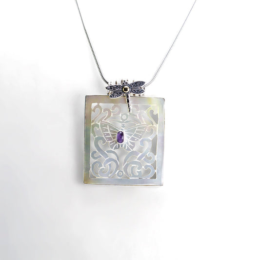 Butterfly pendant from natural mother of pearl set in 925 sterling silver decorated with dragonfly and 18 K gold