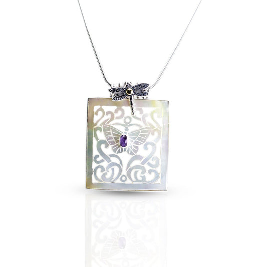 Butterfly pendant from natural mother of pearl set in 925 sterling silver decorated with dragonfly and 18 K gold