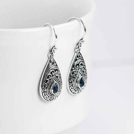 blue topaz earrings 925 sterling silver with filigree ornament