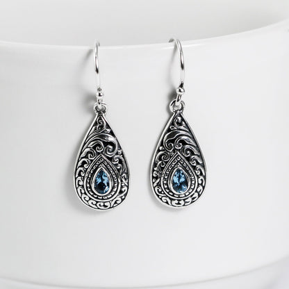blue topaz earrings 925 sterling silver with filigree ornament