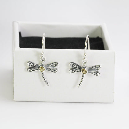 dragonfly earrings dangle 925 sterling silver with genuine gems stone and 18K gold decorated with swirl filigree ornament