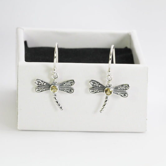 dragonfly earrings dangle 925 sterling silver with genuine gems stone and 18K gold decorated with swirl filigree ornament