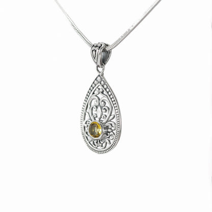 citrine pendant necklace 925 sterling silver with open work ornament-tear drop shape