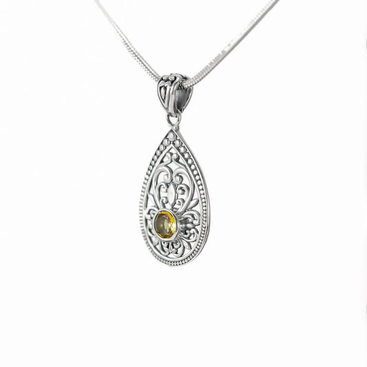 citrine pendant necklace 925 sterling silver with open work ornament-tear drop shape