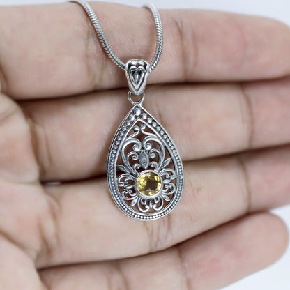 citrine pendant necklace 925 sterling silver with open work ornament-tear drop shape