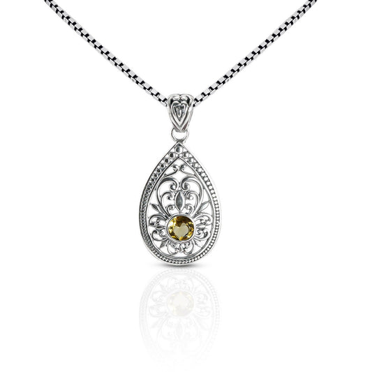 citrine pendant necklace 925 sterling silver with open work ornament-tear drop shape