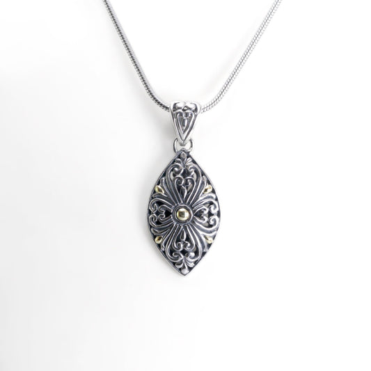 marquise pendant 925 sterling silver decorated with filigree art and 18K gold accent