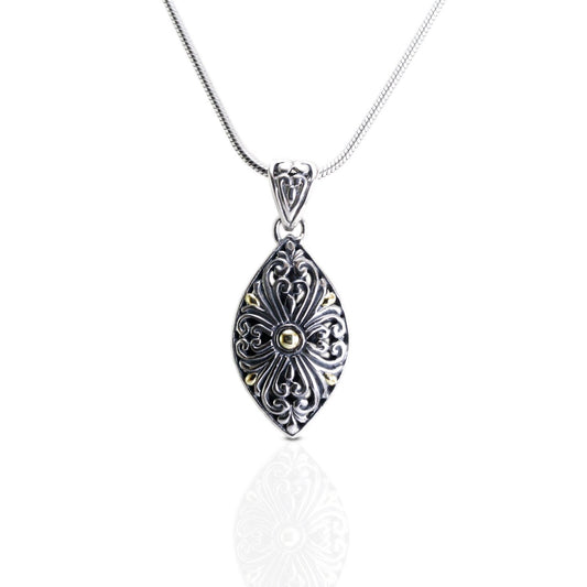 marquise pendant 925 sterling silver decorated with filigree art and 18K gold accent