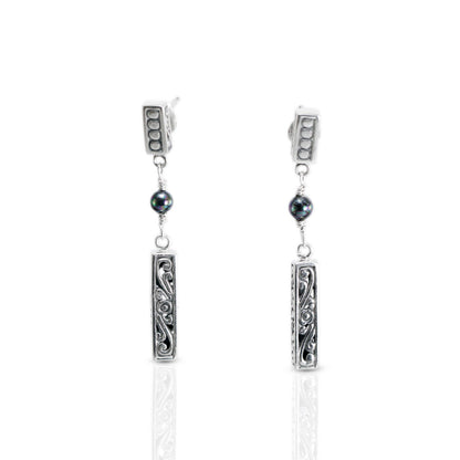 Dangle drop stud earrings 925 sterling silver decorated with pearl and open work filigree