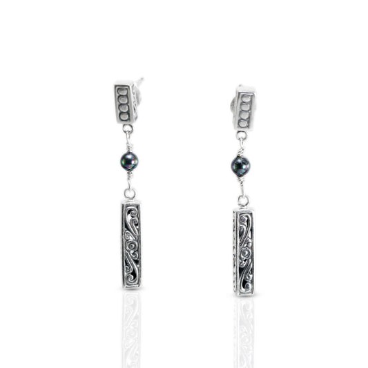 Dangle drop stud earrings 925 sterling silver decorated with pearl and open work filigree