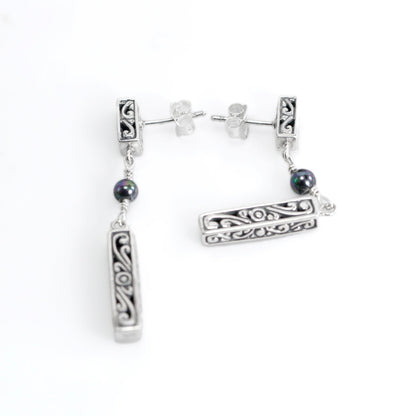 Dangle drop stud earrings 925 sterling silver decorated with pearl and open work filigree