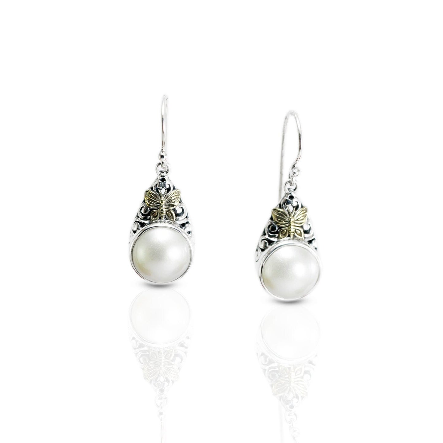 white mabe pearl earrings 925 sterling silver decorated with 18K yellow gold, 13 mm mabe earrings