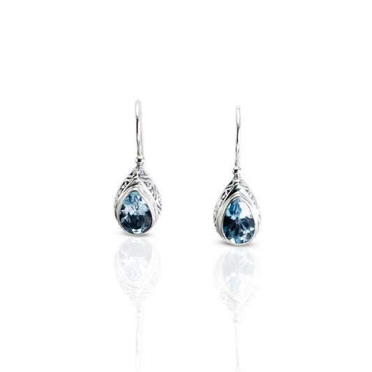 Teardrop earrings kidney lock with genuine blue topaz set in 925 sterling silver decorated with swirl filigree