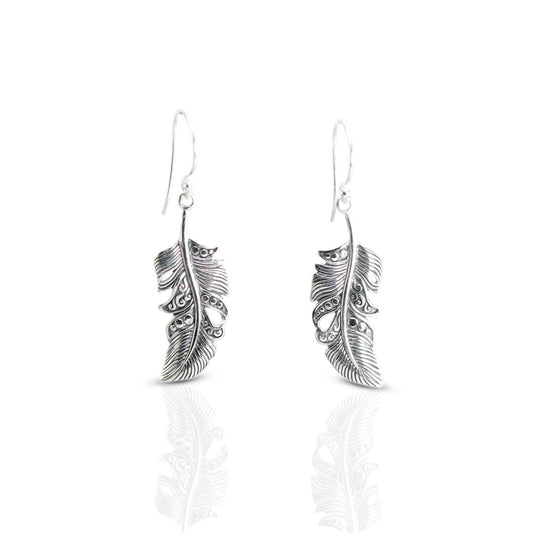 silver feather earrings 925 sterling silver dangle drop decorated with open work filigree