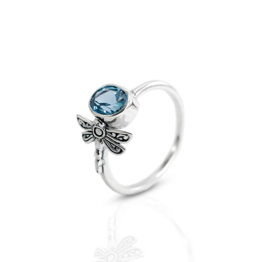 Blue topaz ring set in 925 sterling silver decorated with beautiful dragonfly