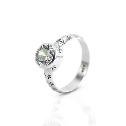 Bezel set ring 925 sterling silver with genuine white crystal zircon, solitaire zircon ring