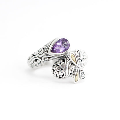 bypass ring 925 sterling silver decorated with dragonfly and genuine amethyst, filigree ring,